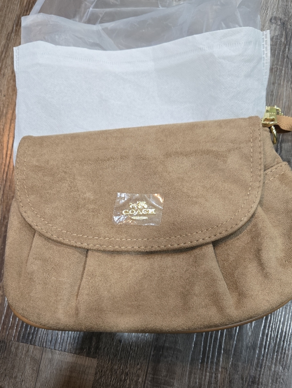 COACH Tan Suede Small Crossbody Bag with Gold Logo